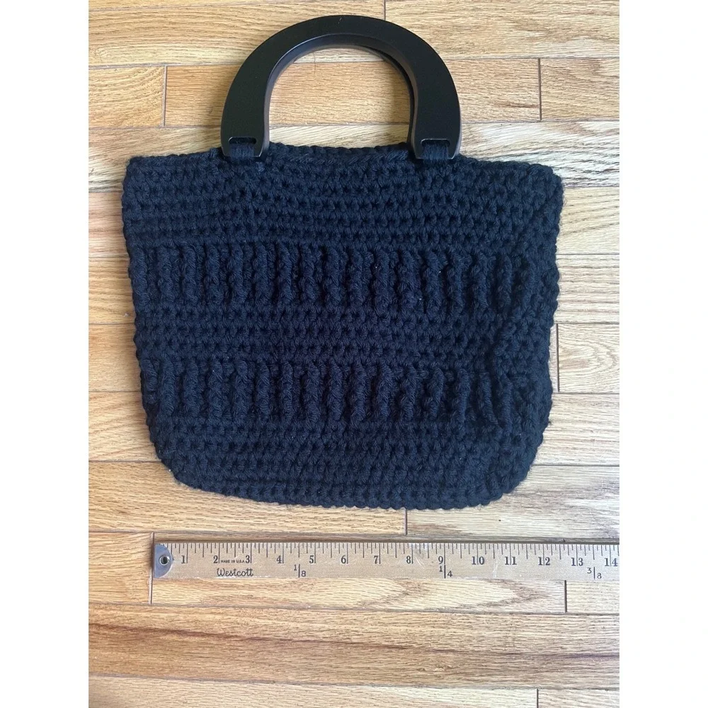 Black Crochet Knit Tote Bag with Round Top Handles Textured Handmade Purse